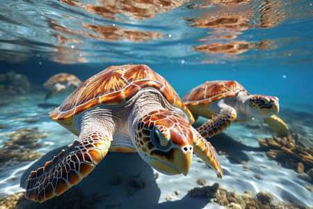 two turtles swimming in the ocean. shallow clear waters.の素材