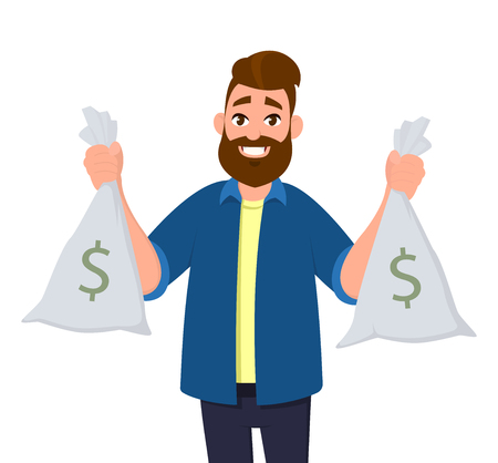 Young man is holding  cash bags in hands. Man showing money bags.のイラスト素材