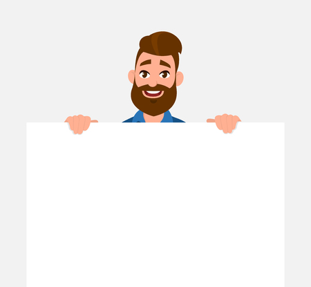 Happy young man holding/showing/displaying white blank board/banner/poster. Concept illustration in vector cartoon style.のイラスト素材