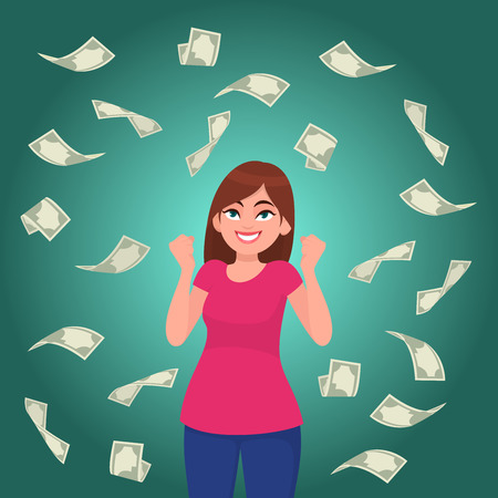 Cash / money / bank notes /currency bills falling around successful happy young business woman isolated in colour background. Business and finance concept illustration in vector cartoon flat style.のイラスト素材
