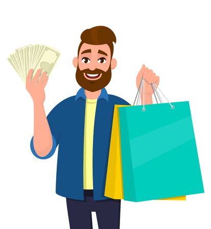 Young man holding shopping bags. Person showing cash, money, currency notes in hand. Male character. Modern lifestyle, digital technology, new purchase, latest trend concept in vector cartoon style.のイラスト素材