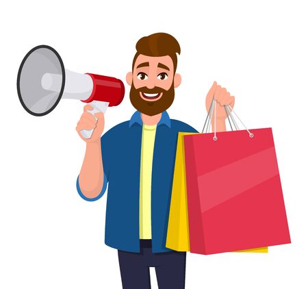 Young man showing shopping bags. Person holding a megaphone or loudspeaker in hand. Modern lifestyle, digital technology, new purchase, latest trend concept illustration in vector cartoon style.のイラスト素材