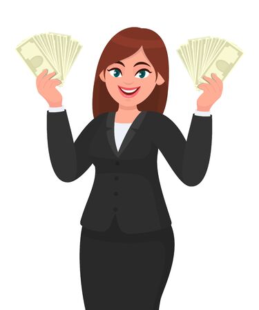 Successful young business woman showing/holding cash, money, dollar, currency or banknotes in hands. Modern lifestyle, business and finance concept illustration in vector cartoon style.のイラスト素材