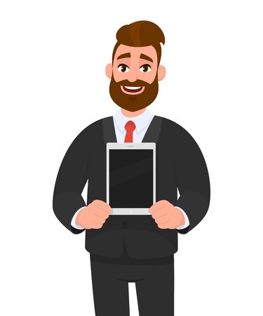 Happy young bearded business man showing/holding blank screen of new digital tablet computer in hands. Modern technology, latest trends, digital gadget and device concept illustration in cartoon.のイラスト素材