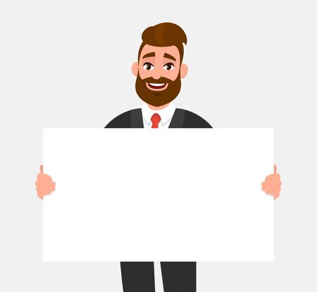 Hipster young business man showing blank white poster/paper copy space area. Cheerful trendy person holding empty banner. Male presenting signboard or billboard. Cartoon illustration in vector style.のイラスト素材