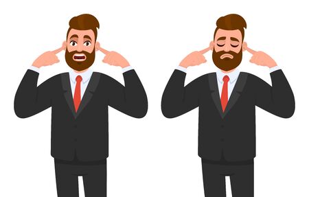 Young hipster businessman covering his ears with fingers, eyes closed. Trendy bearded person closing or plugging for loud noise. Male character design illustration. Modern lifestyle in vector cartoon.のイラスト素材