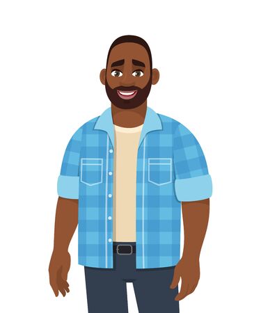 Trendy young African American man standing. Stylish person looking and posing. Male character design illustration. Diverse people. Modern lifestyle concept in vector cartoon style.のイラスト素材