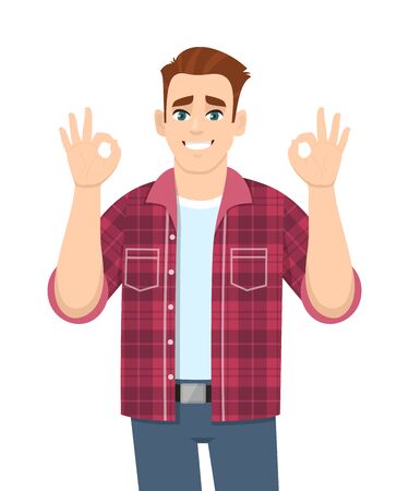 Young stylish man making okay sign. Trendy person showing or gesturing OK or cool with fingers. Male character design illustration. Modern lifestyle, human emotions concept in vector cartoon style.のイラスト素材