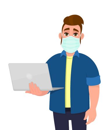 Young hipster man wearing medical mask and holding laptop computer. Trendy person covering face protection from virus disease. Male character design. Modern lifestyle. Cartoon illustration in vector.のイラスト素材