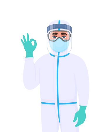 Medical staff in protective suit showing okay, OK gesture sign. Doctor wearing face shield, gloves and gesturing hand. Physician covering with mask, goggles. Corona virus epidemic cartoon illustrationのイラスト素材