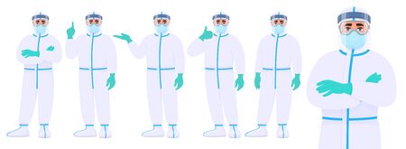 Male doctor in protective suit standing various postures and showing hand gestures. Set of physician or surgeon character covering with safety coverall (PPE). Cartoon illustration in vector style.のイラスト素材
