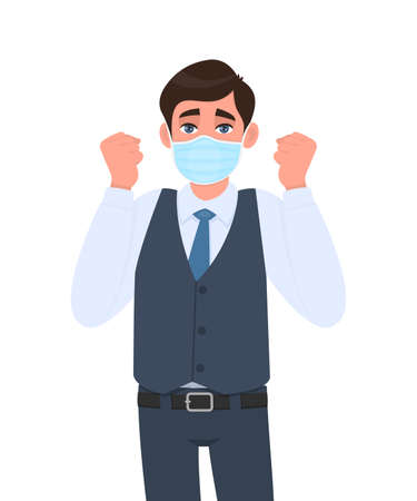 Young businessman wearing medical mask and celebrating raised hand fist. Trendy person in waistcoat covering face protection and showing success arm gesture. Male cartoon illustration in vector style.のイラスト素材