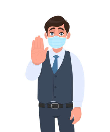 Young business man wearing medical mask and showing stop sign with hand palm. Person in waistcoat covering face protection and gesturing warning symbol. Male cartoon illustration in vector style.のイラスト素材
