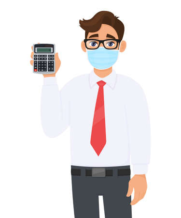 Young business man wearing medical mask and showing calculator. Person in eye glasses holding calculating machine. Modern lifestyle digital technology. Male character illustration in vector cartoon.のイラスト素材