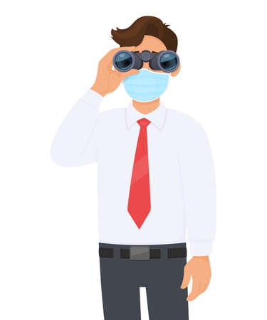 Young businessman wearing medical mask and looking through binoculars. Person in eye glasses holding telescope and viewing distance. Modern lifestyle technology. Male character in vector cartoon.のイラスト素材