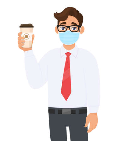 Young businessman in safety medical mask showing coffee cup. Person holding paper mug. Male character in formal wear with eyeglasses.のイラスト素材
