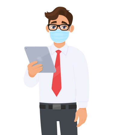 Young business man in safety medical mask, holding tablet computer device. Person using digital touch pad. Modern technology lifestyle.のイラスト素材