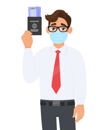 Young business man in medical mask showing passport, tickets. Person holding boarding pass or visa. Male character with eyeglasses.のイラスト素材