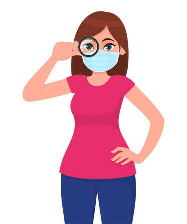 Young girl in medical face mask, looking through magnifying glass. Woman holding a magnifier. Female character design. Modern lifestyle. Corona virus epidemic outbreak. Cartoon illustration in vector.のイラスト素材