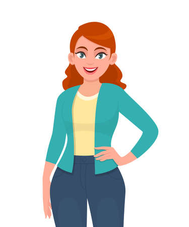 Smiling beautiful young woman in casual dress posing with hand on hip. Trendy girl standing and looking. Female character design illustration. Latest modern lifestyle, concept in vector cartoon style.のイラスト素材