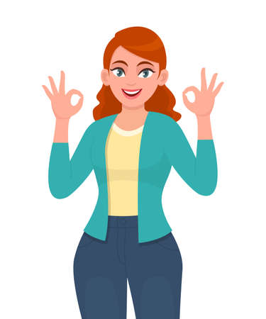Trendy young woman showing okay sign. Smiling girl making OK or cool gesture with hand fingers. Female character design illustration. Human emotion, modern lifestyle concept in vector cartoon style.のイラスト素材