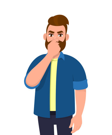 Unhappy hipster young man holding fingers on nose. Trendy bearded person covering breath with hand for bad smell. Male smelling something stinky and odor. Vector design illustration in cartoon style.のイラスト素材