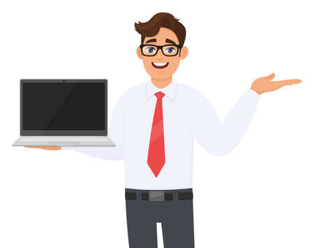 Young Person showing laptop and presenting hand to copy space. Business man carrying computer (PC). Male character holding digital technology device. Modern lifestyle illustration in vector cartoon.のイラスト素材