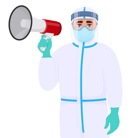 Doctor in safety protection suit dress, mask, goggles and face shield holding megaphone. Physician or surgeon announcing with loudspeaker. Person wearing personal protective equipment uniform. Vectorのイラスト素材