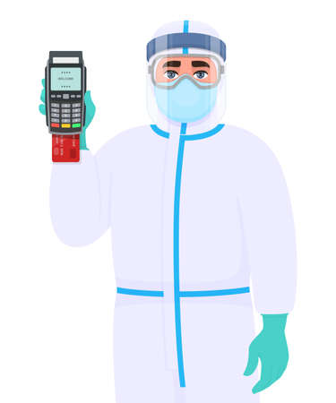Person in safety protection suit uniform, mask, goggles and face shield showing credit card payment machine. Doctor holding POS terminal. Physician/surgeon wearing personal protective equipment dress.のイラスト素材