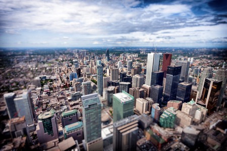 Aerial view of modern skyscrapers and office buildings in Toronto financial district, Ontario,...