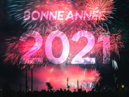 Bonne annee 2021 card on a red fireworks backgroundの写真素材