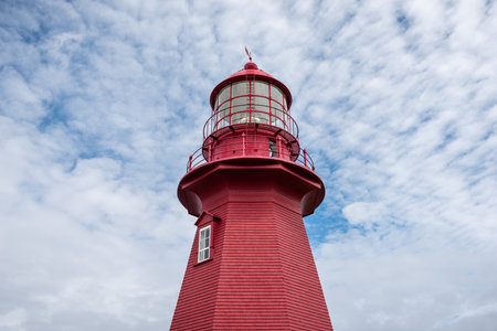 Close-up of the top of La Martre red lighthouse in Gaspesieの写真素材