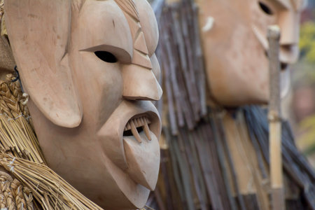 Traditional wooden masks at the annual festival of Fallas in Spain.の写真素材