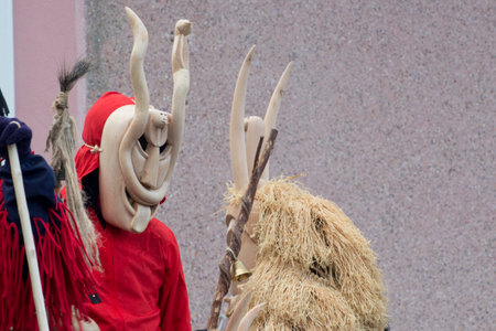 traditional Chinese style mask in the parade,, Luannan County, Hebei Province, Chinaの写真素材