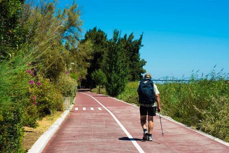 healthy man hiking on beautiful road with green landscape aheadの写真素材