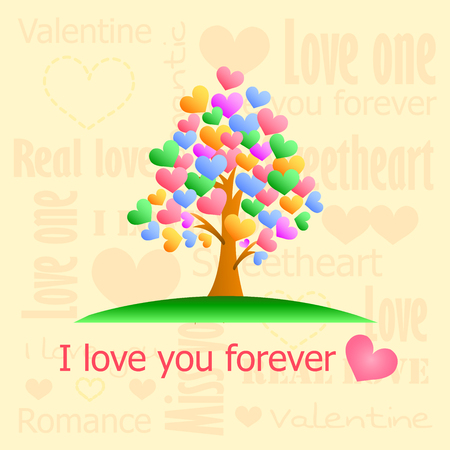 Valentine card of love. Colorful Hearts tree on pink background and I love you forever message.のイラスト素材