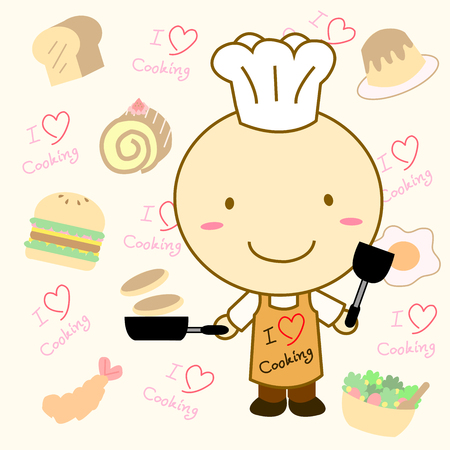 Cooking man with chef hat and "I love cooking" apron on lovely food  backgroundのイラスト素材