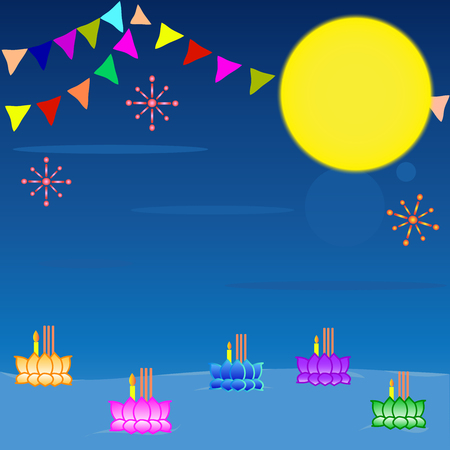 Loi Krathong Festival of Thailand with moon and banners and candlesのイラスト素材