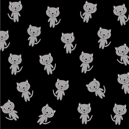 Multiple cute gray cat pattern on black background.のイラスト素材