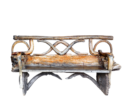 Isolated brown vintage wooden bench with clipping pathの写真素材