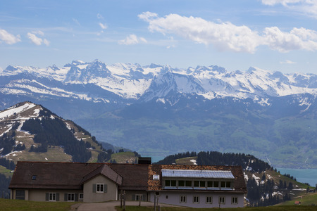 Top of Rigi Kulm Luzern Switzerland with Alps snow mountain view , sky , cloud and lakeのeditorial素材
