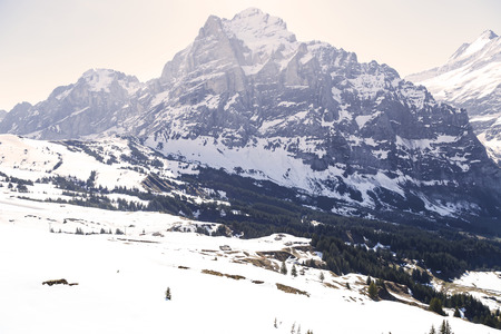Peaks of mountain Alps and snow looking from grindelwald first peak electric cable car , Switzerland...