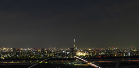 TOKYO ,JAPAN - OCTOBER 12: Tokyo skytree tower in Janpan at night light, OCT 12,2016, Tokyo, Japan.  Tokyo skytree tower in Janpan at twilight and buildingのeditorial素材