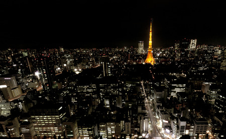 TOKYO ,JAPAN - OCTOBER 11:Tokyo city skyline in evening with Tokyo tower at night, OCT 11,2016, Tokyo, Japan.  Tokyo city skyline in evening with Tokyo tower at nightのeditorial素材