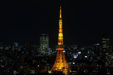 TOKYO ,JAPAN - OCTOBER 11:Tokyo city skyline in evening with Tokyo tower at night, OCT 11,2016, Tokyo, Japan.  Tokyo city skyline in evening with Tokyo tower at nightのeditorial素材