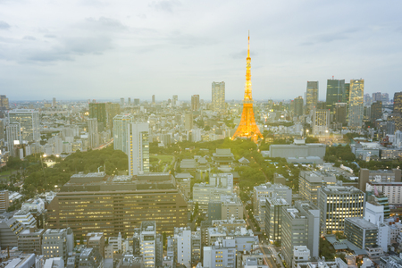 TOKYO ,JAPAN - OCTOBER 11:Tokyo city skyline in evening with Tokyo tower at night, OCT 11,2016, Tokyo, Japan.  Tokyo city skyline in evening with Tokyo tower at nightのeditorial素材