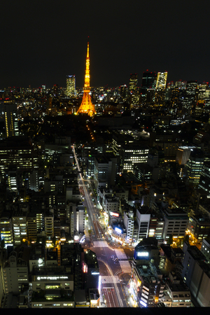 TOKYO ,JAPAN - OCTOBER 11:Tokyo city skyline in evening with Tokyo tower at night, OCT 11,2016, Tokyo, Japan.  Tokyo city skyline in evening with Tokyo tower at nightのeditorial素材