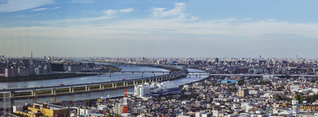 TOKYO ,JAPAN - OCTOBER 12: Tokyo city with  Arakawa river and highway roads in sky view, OCT 12,2016, Tokyo, Japan. Tokyo city with  Arakawa river and highway roads in sky viewのeditorial素材