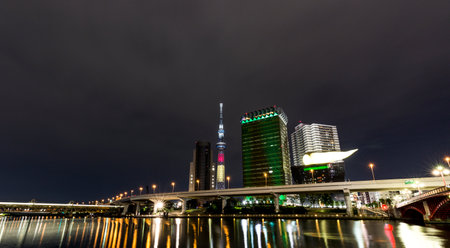 TOKYO ,JAPAN - OCTOBER 11: Tokyo skytree tower in Japan at night light, OCT 11,2016, Tokyo, Japan.  Tokyo skytree tower in Japan at twilight and buildingのeditorial素材