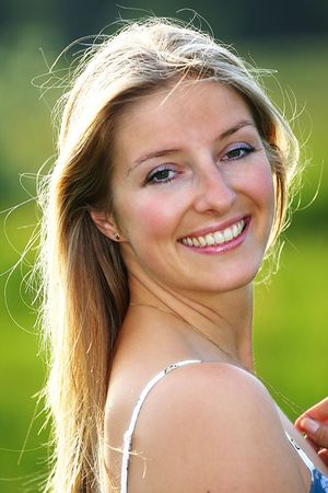 Caucasian blonde smiling woman portraitの写真素材